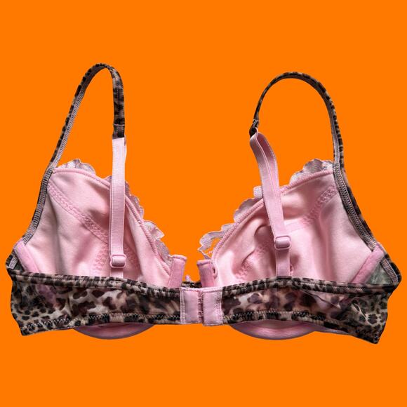 00's vintage leopard print mesh baby pink lace coquette y2k bra 34B express - Picture 5 of 7